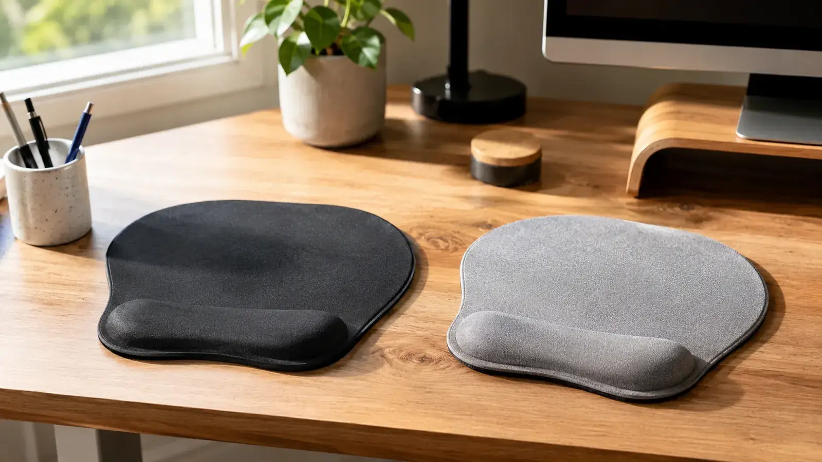 Side-by-side view of two mouse pads with wrist rests on a wooden home office desk