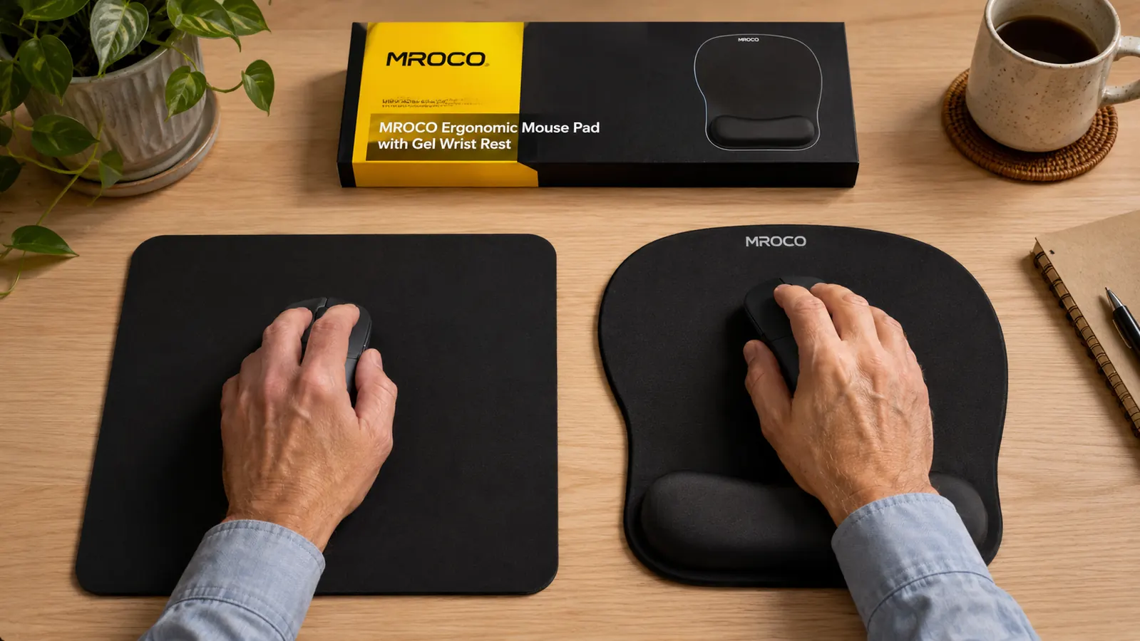 Side-by-side comparison of a flat mouse pad versus the MROCO gel wrist rest pad showing the raised wrist support edge