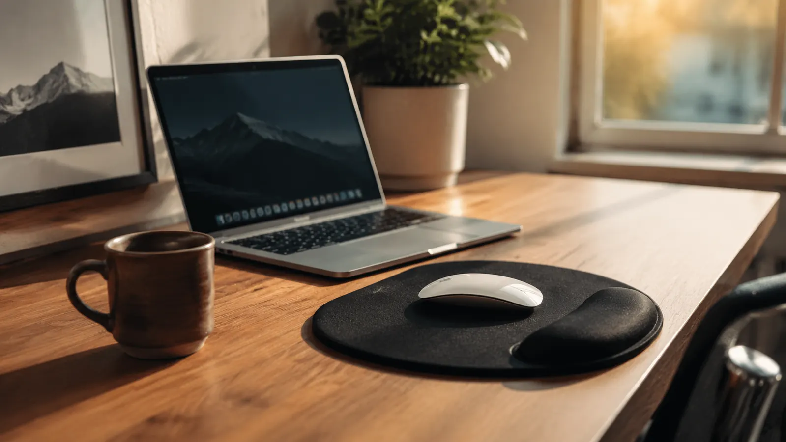 A clean home office desk corner with a black ergonomic mouse pad and gel wrist rest next to a laptop and coffee mug