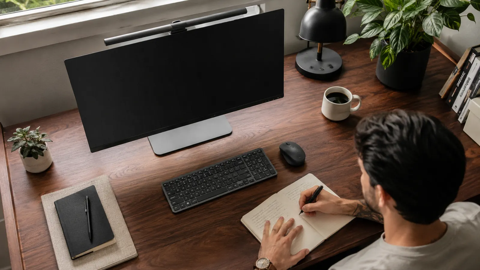 Home office desk from slightly above, monitor with privacy filter installed, clean cable routing, coffee mug to the side