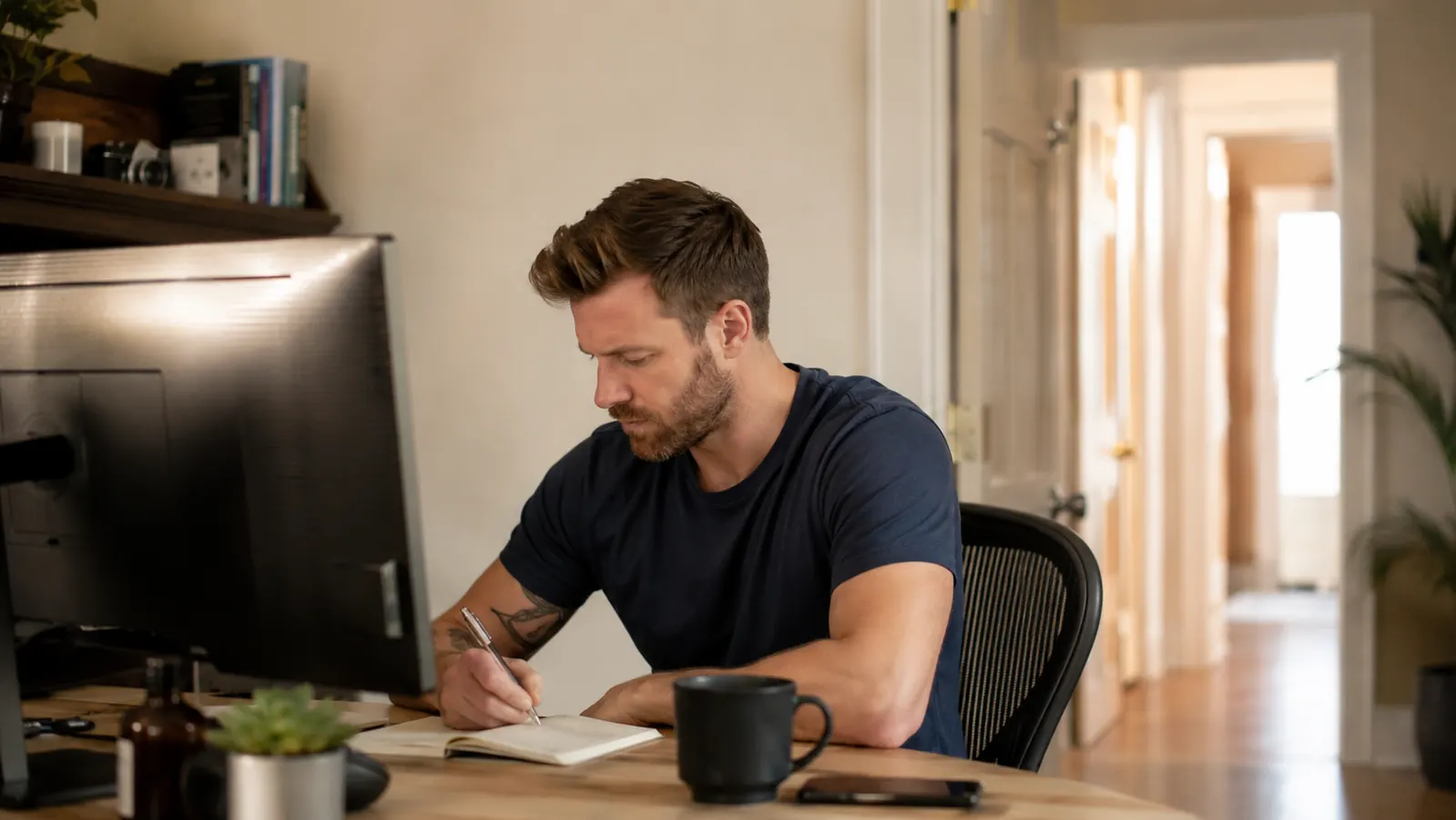 Man working at a home office desk, monitor angled away from an open doorway, soft morning light through a nearby window