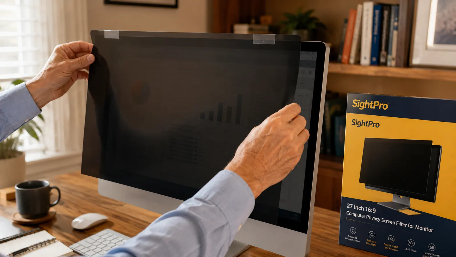 Close-up of hands attaching a SightPro privacy screen filter to a 27-inch monitor with the included adhesive tabs
