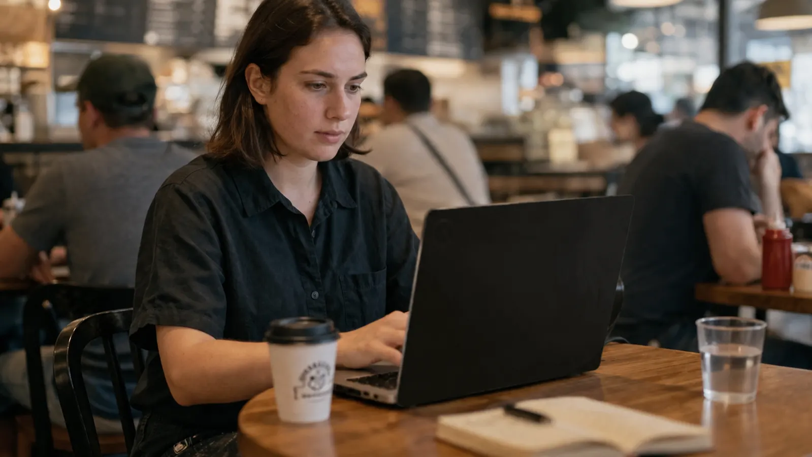 Person working on a laptop at a coffee shop with a privacy screen filter installed, strangers visible but unable to see the screen
