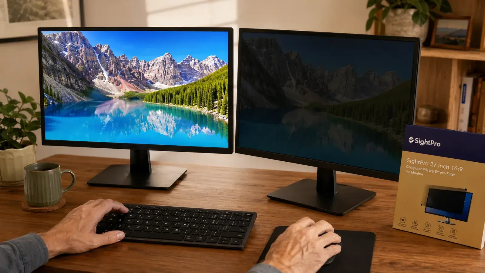 Desk setup comparison showing the same monitor with and without the privacy screen installed side by side