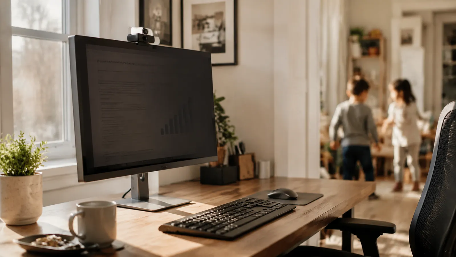 A home office monitor with a privacy screen filter showing a dark side angle view while the front-facing view remains bright and clear