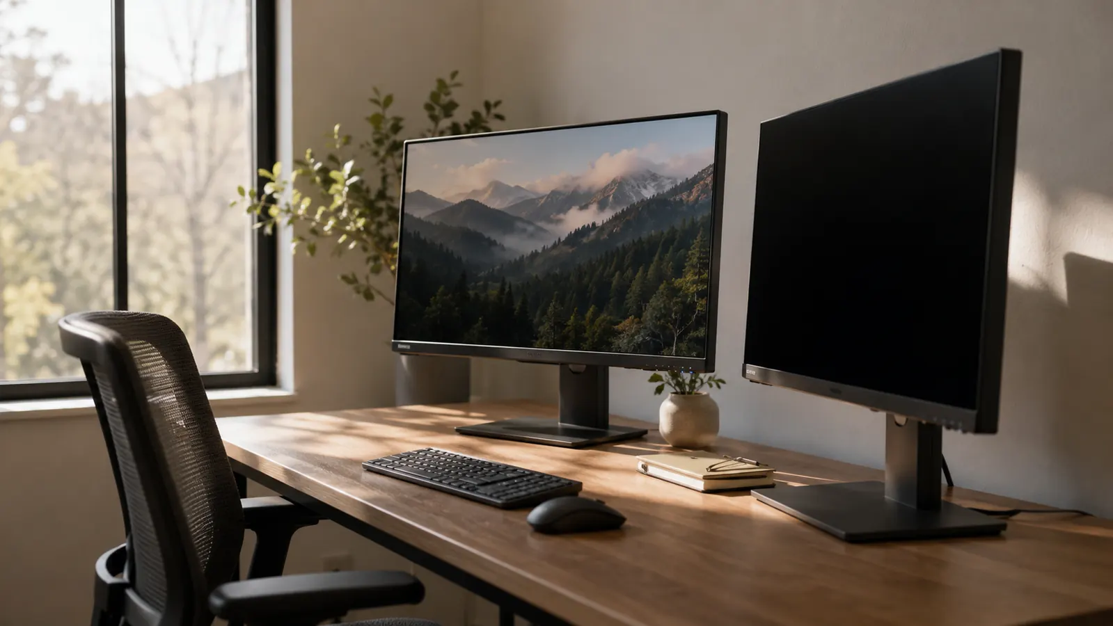 Two 27-inch monitors on a home office desk, one with a dark privacy screen installed so the side view is blacked out